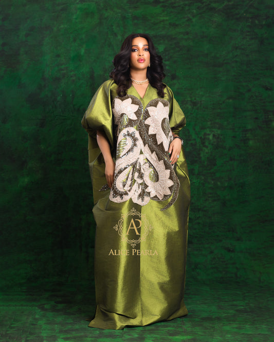 Olive Green (Olive & Cream applique) Kaftan - Lilian