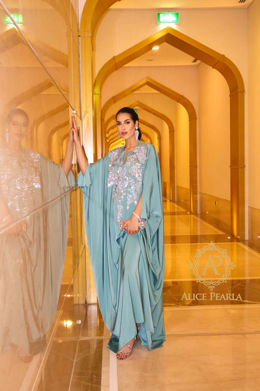 Aqua Luxe Kaftan with Silver Embellishments – Malika