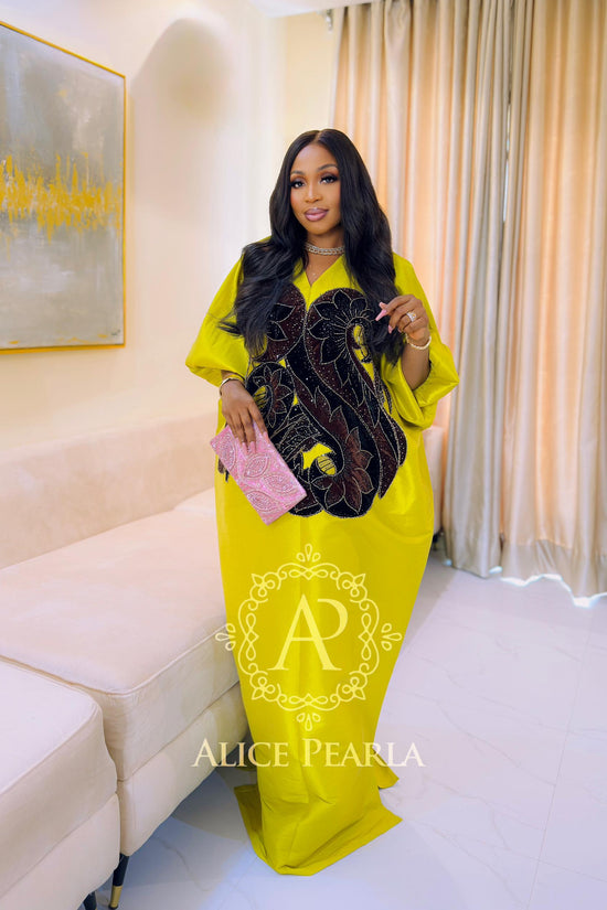 Lemon Yellow (Brown applique) Kaftan - Lilian