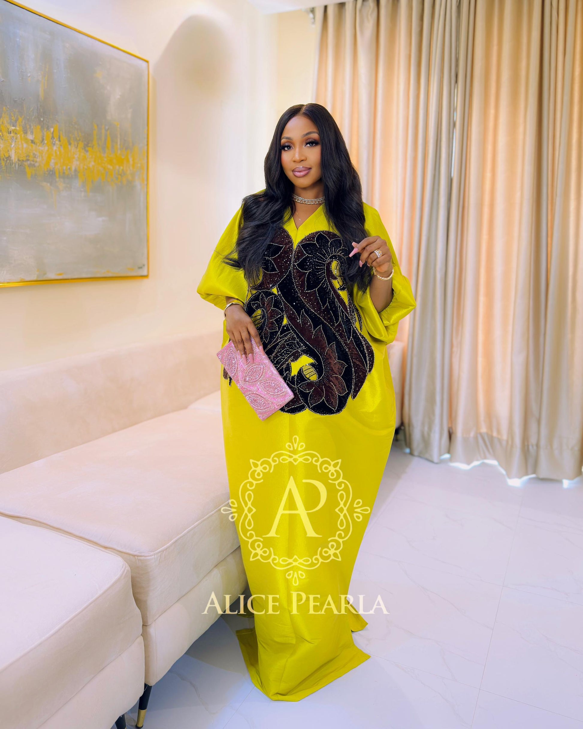 Lemon Yellow (Brown applique) Kaftan - Lilian