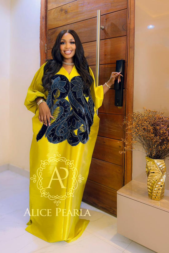 Lemon Yellow (Brown applique) Kaftan - Lilian