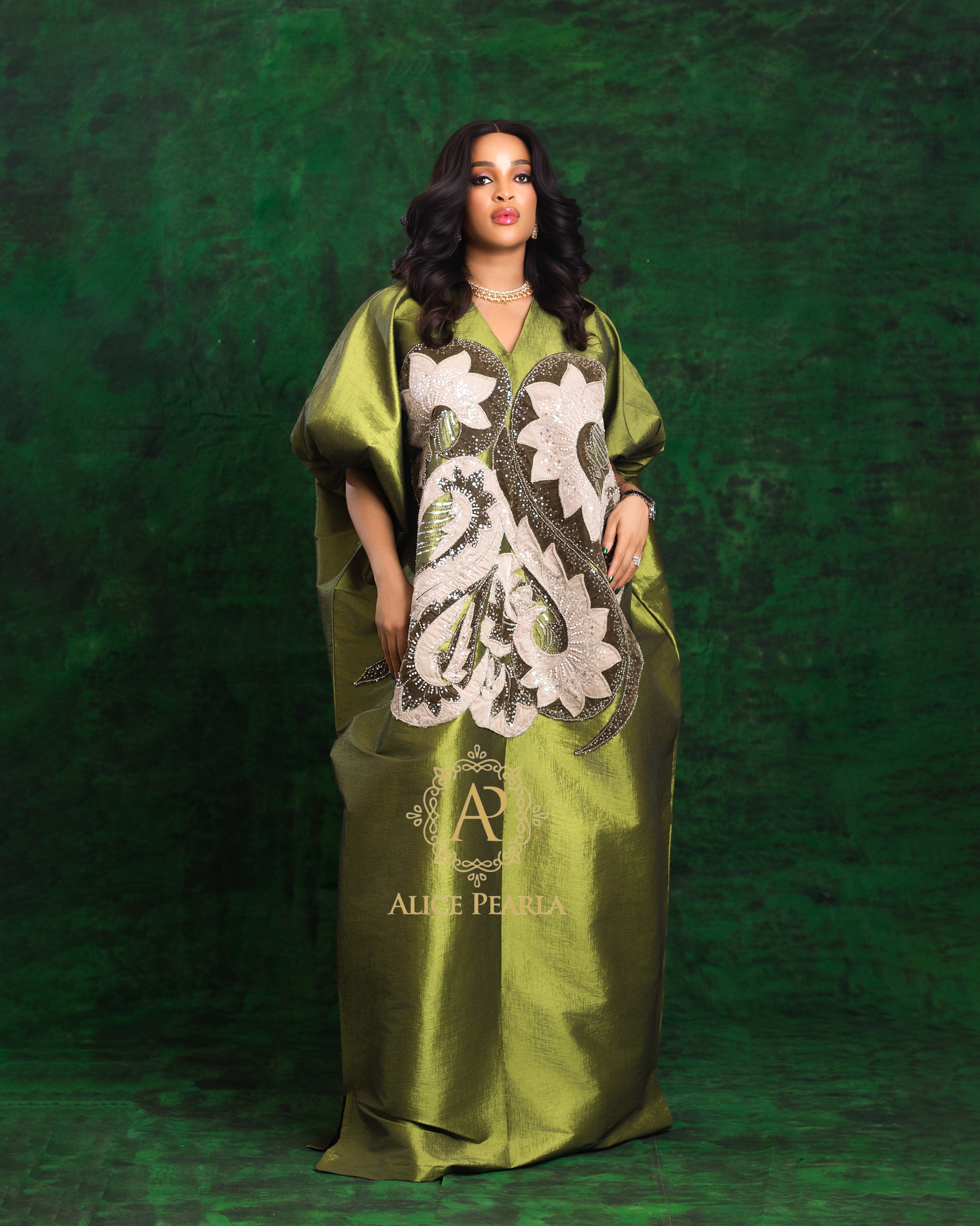 Olive Green (Olive & Cream applique)  Kaftan - Lilian