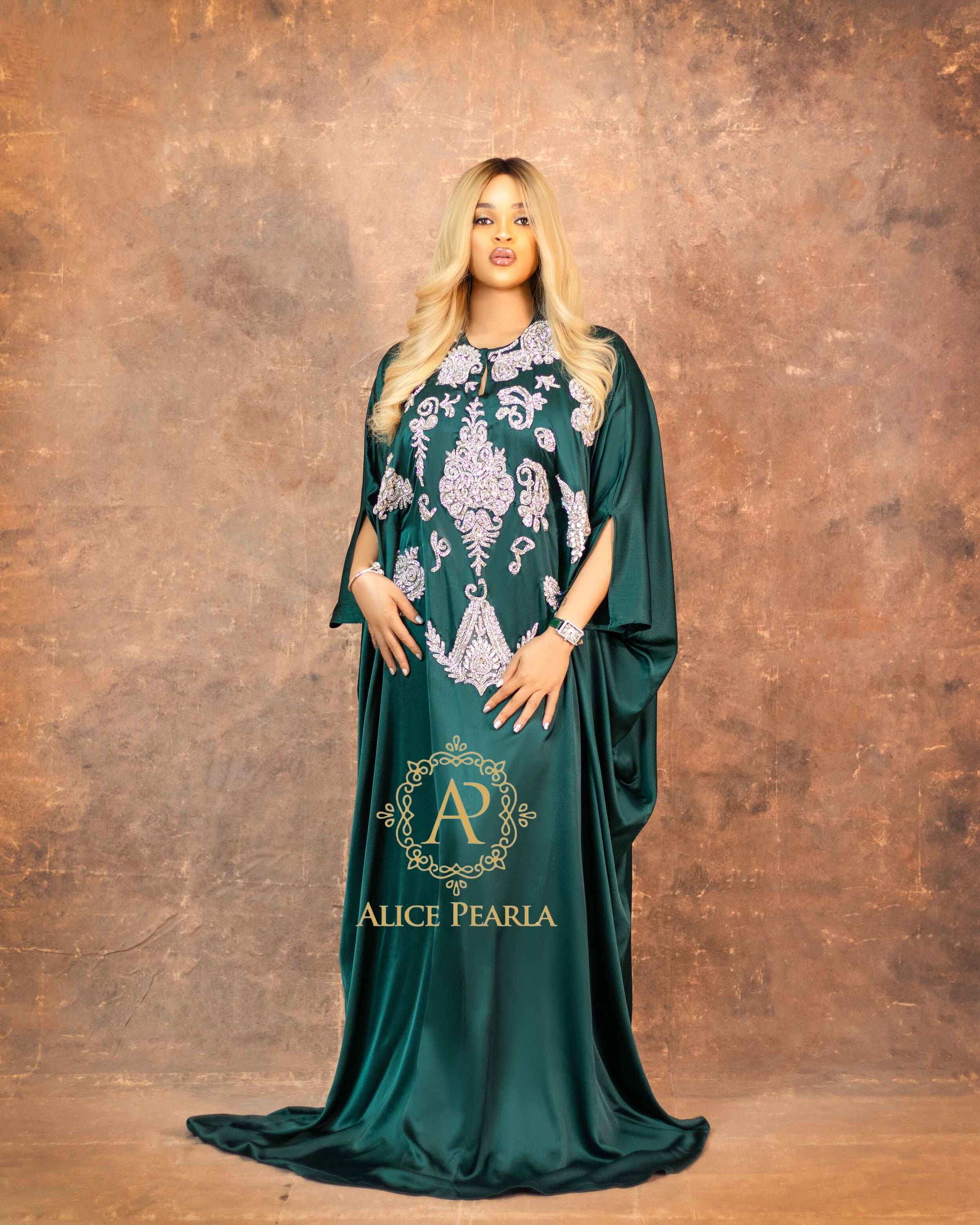 Emerald Grace Kaftan with Silver Embellishments – Malika