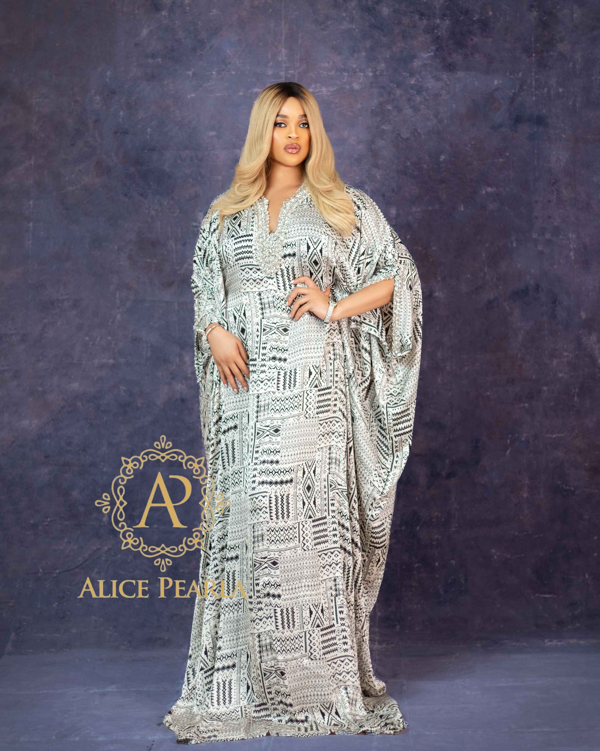 Geometric Print  Kaftan | Silver & Black Beaded Detail- Almas