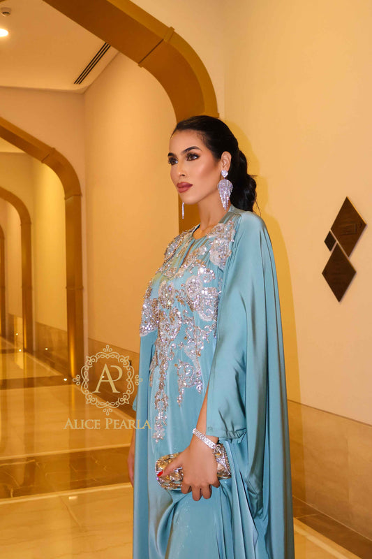 Aqua Luxe Kaftan with Silver Embellishments – Malika