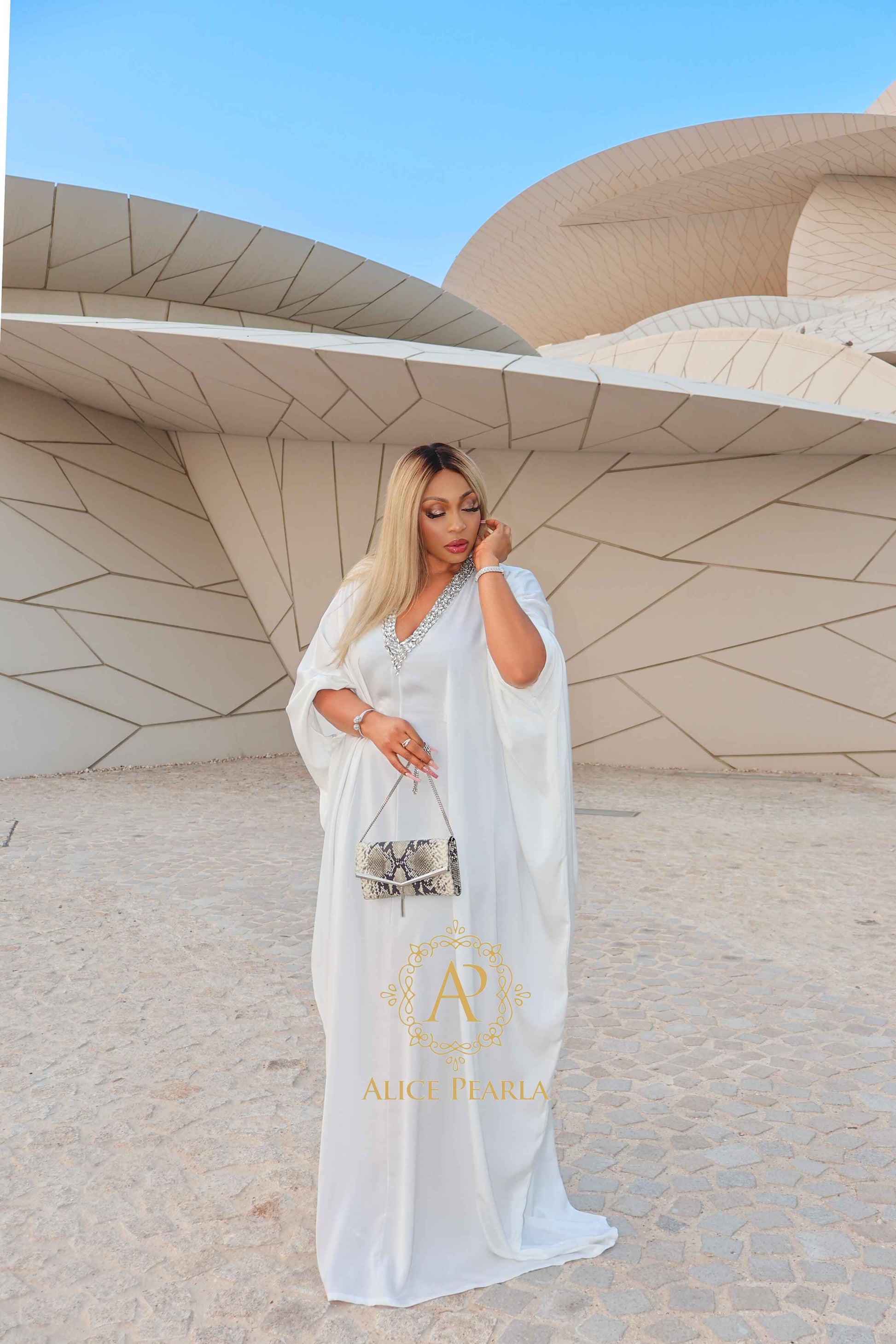Ethereal White Crystal-Adorned Kaftan  – Amira