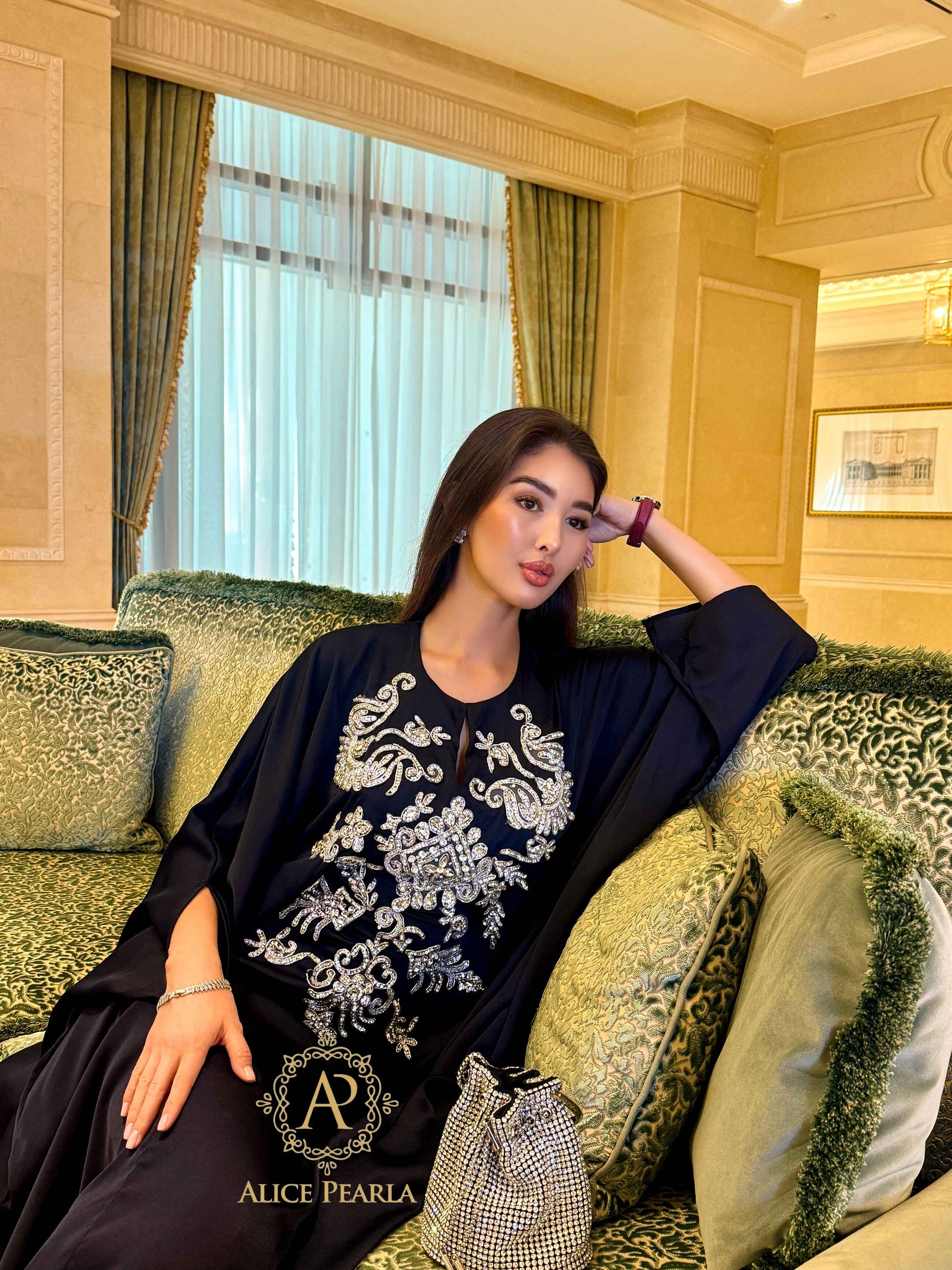 Midnight Black Kaftan with Silver Embellishments – Malika