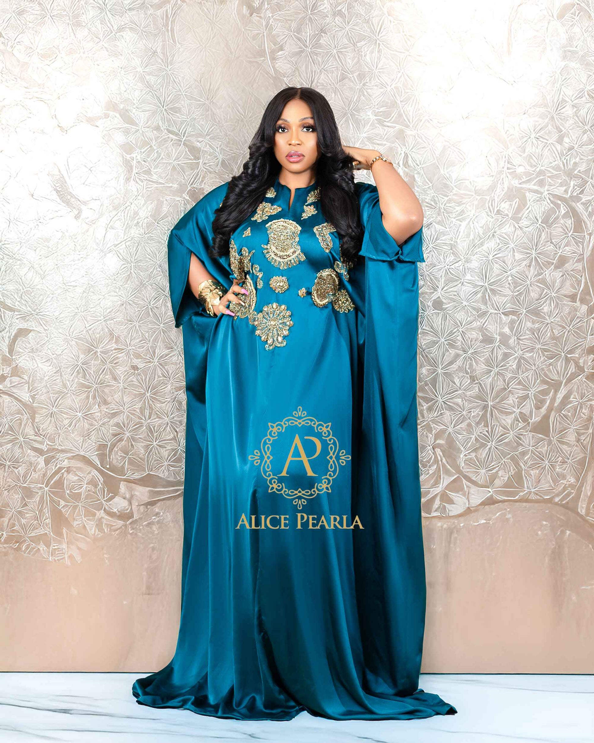 Royal Teal Kaftan with Gold Embroidery – Malika