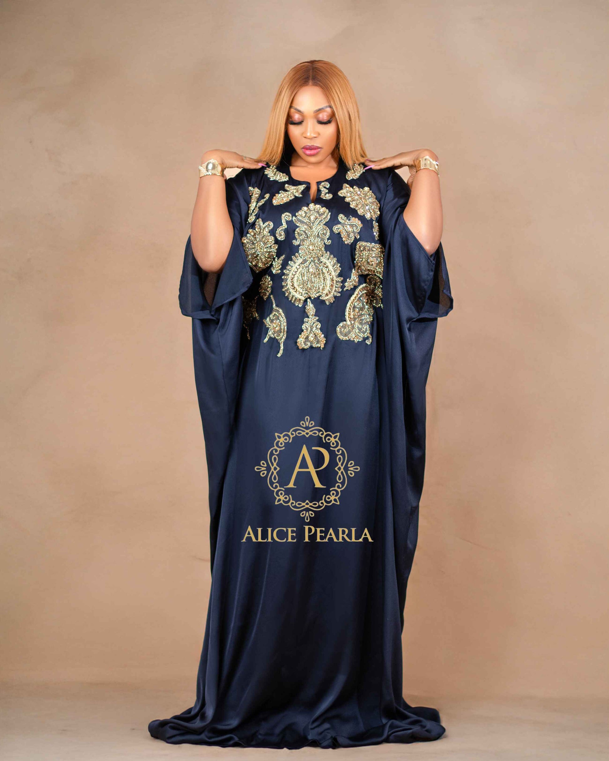 Navy Royalty Kaftan with Gold Embellishments – Malika