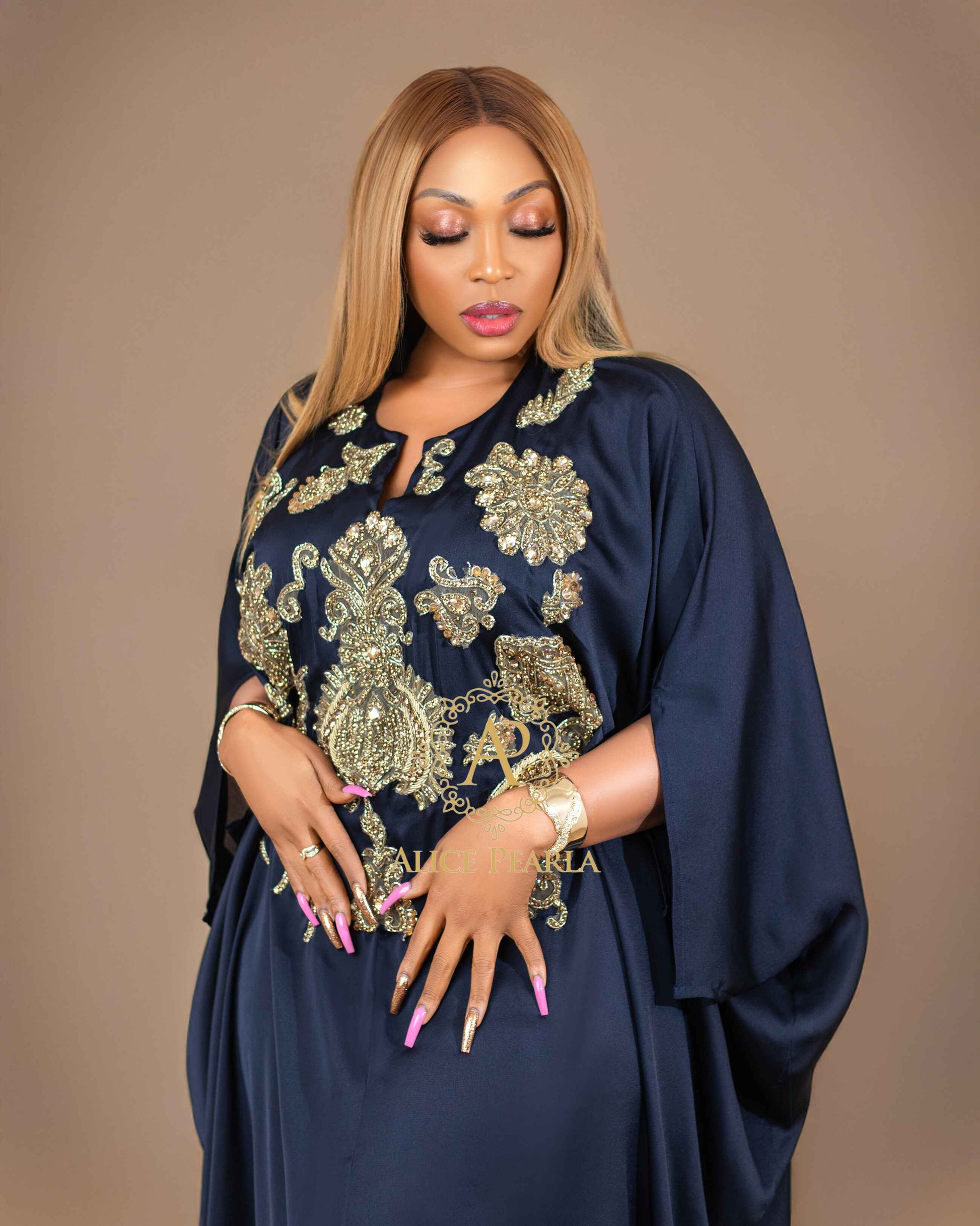 Navy Royalty Kaftan with Gold Embellishments – Malika